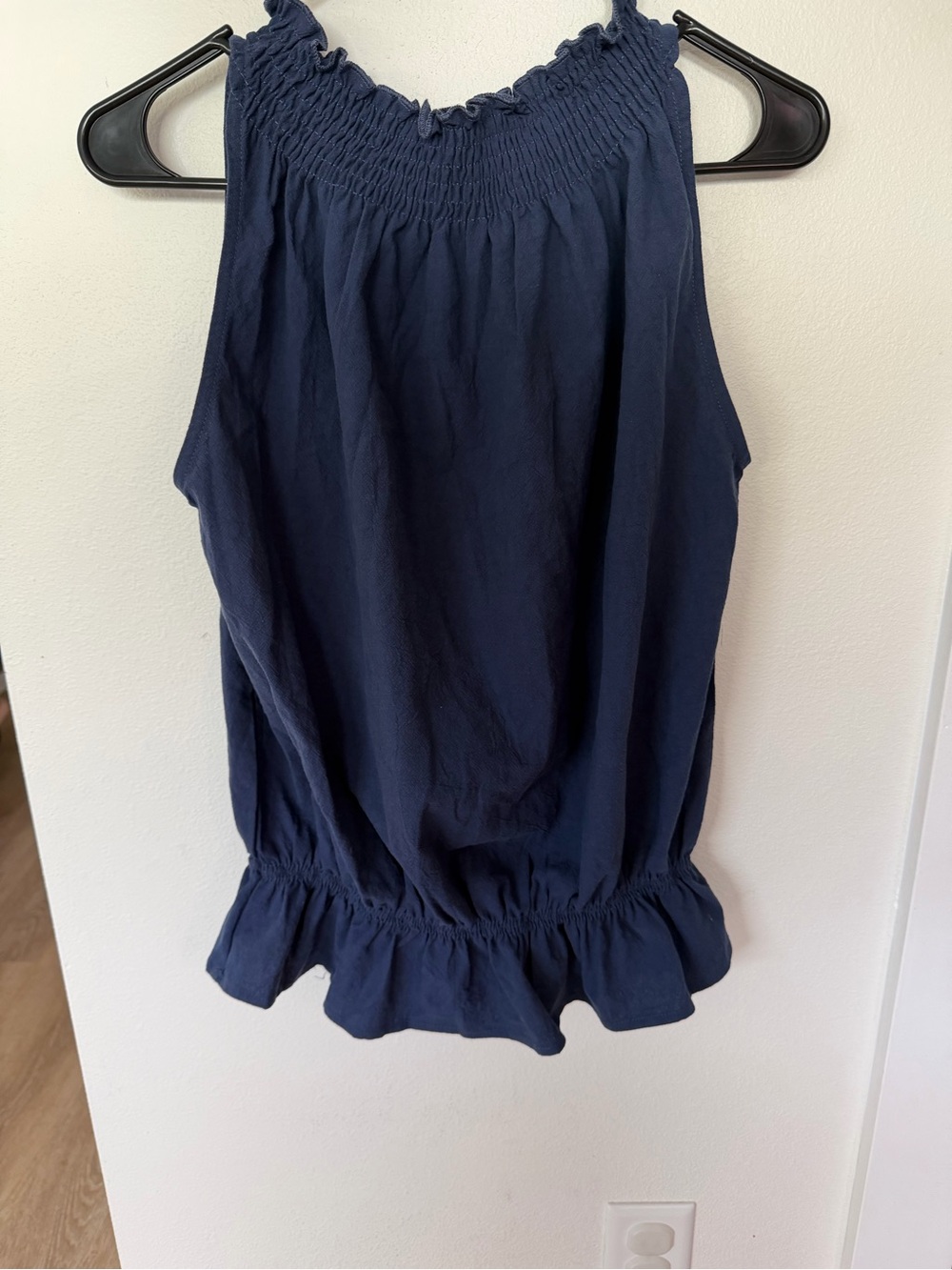 Smocked Halter Navy Tank Top with Ruffle Hem